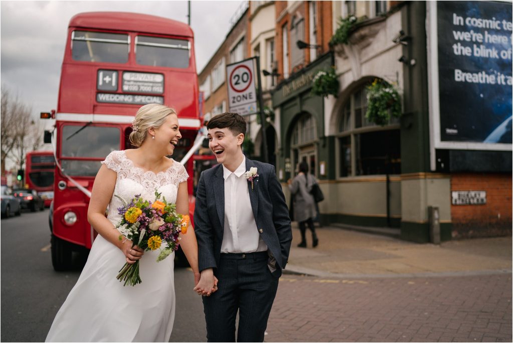 Brides arriving at the antelope Pub in South London for their wedding reception 
