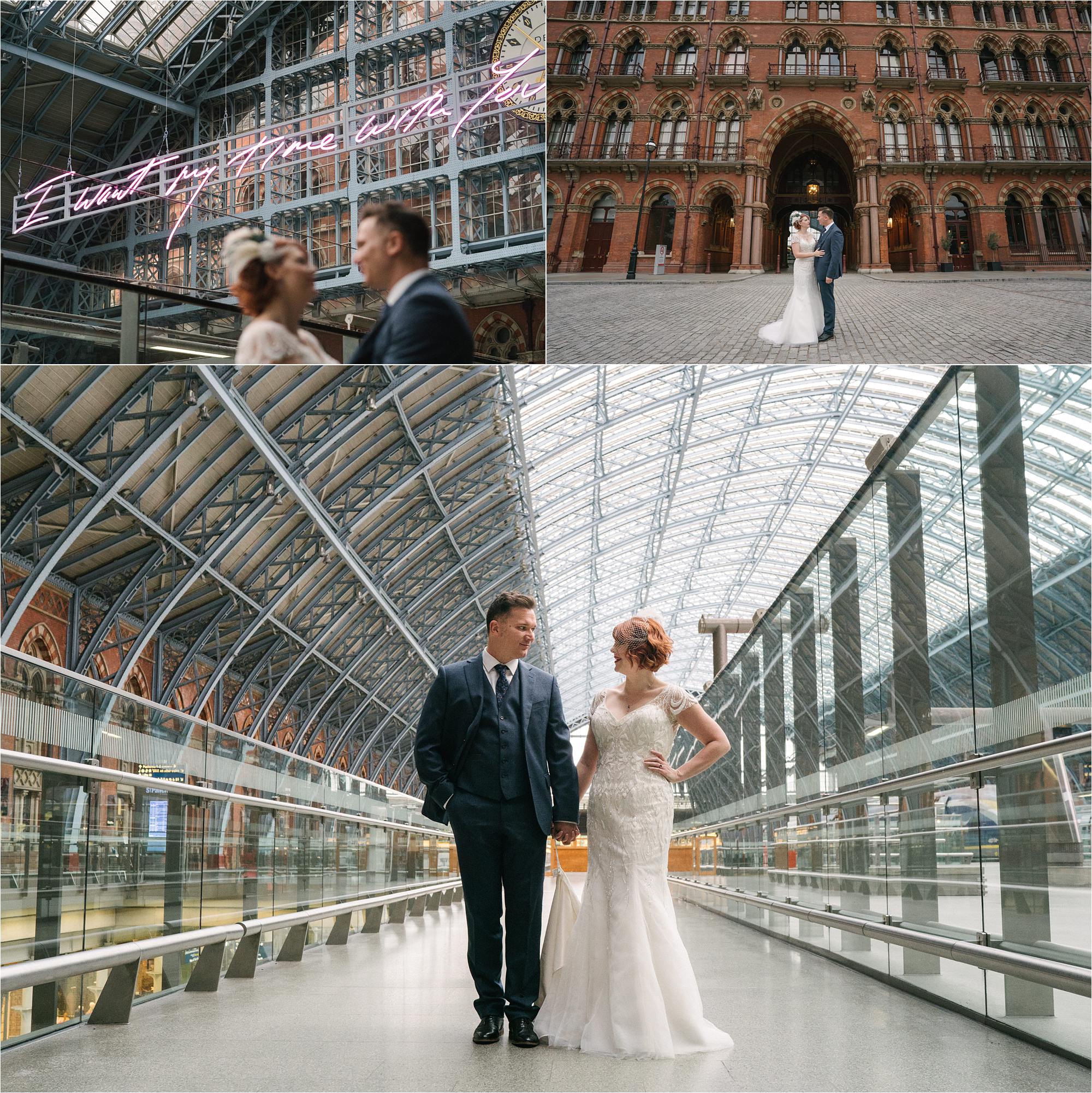 bride and groom in londons saint pancras station 