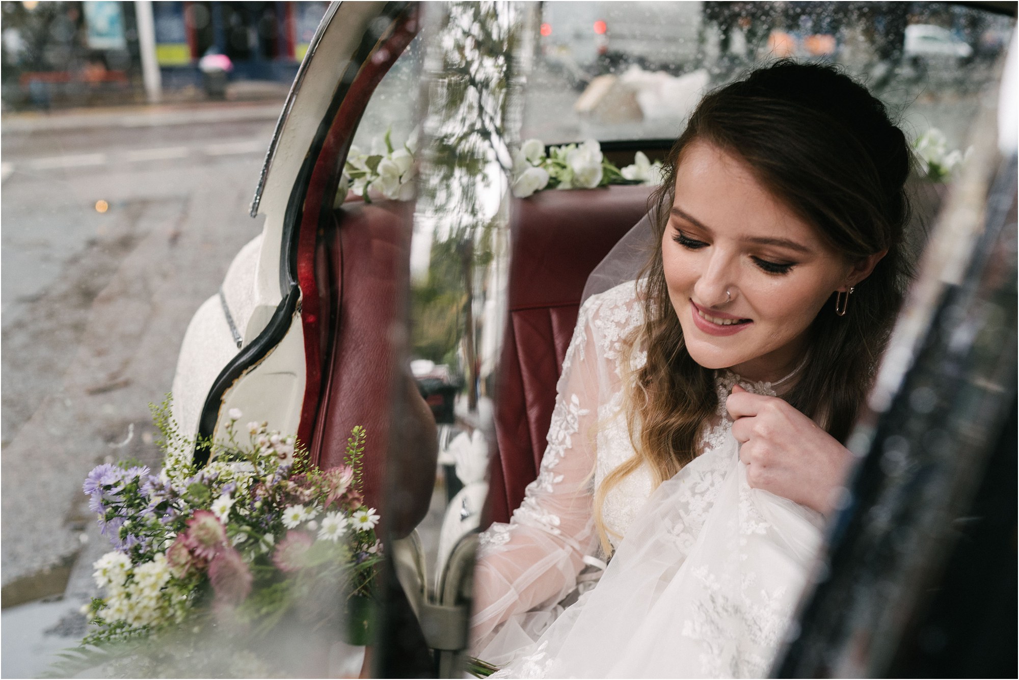 Bride arriving for wedding at The Round Chapel in Hackney, London