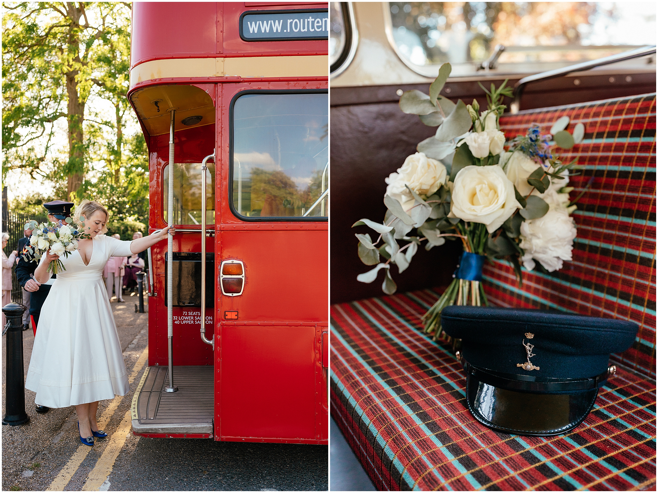 A vintage red double decker wedding bus. 