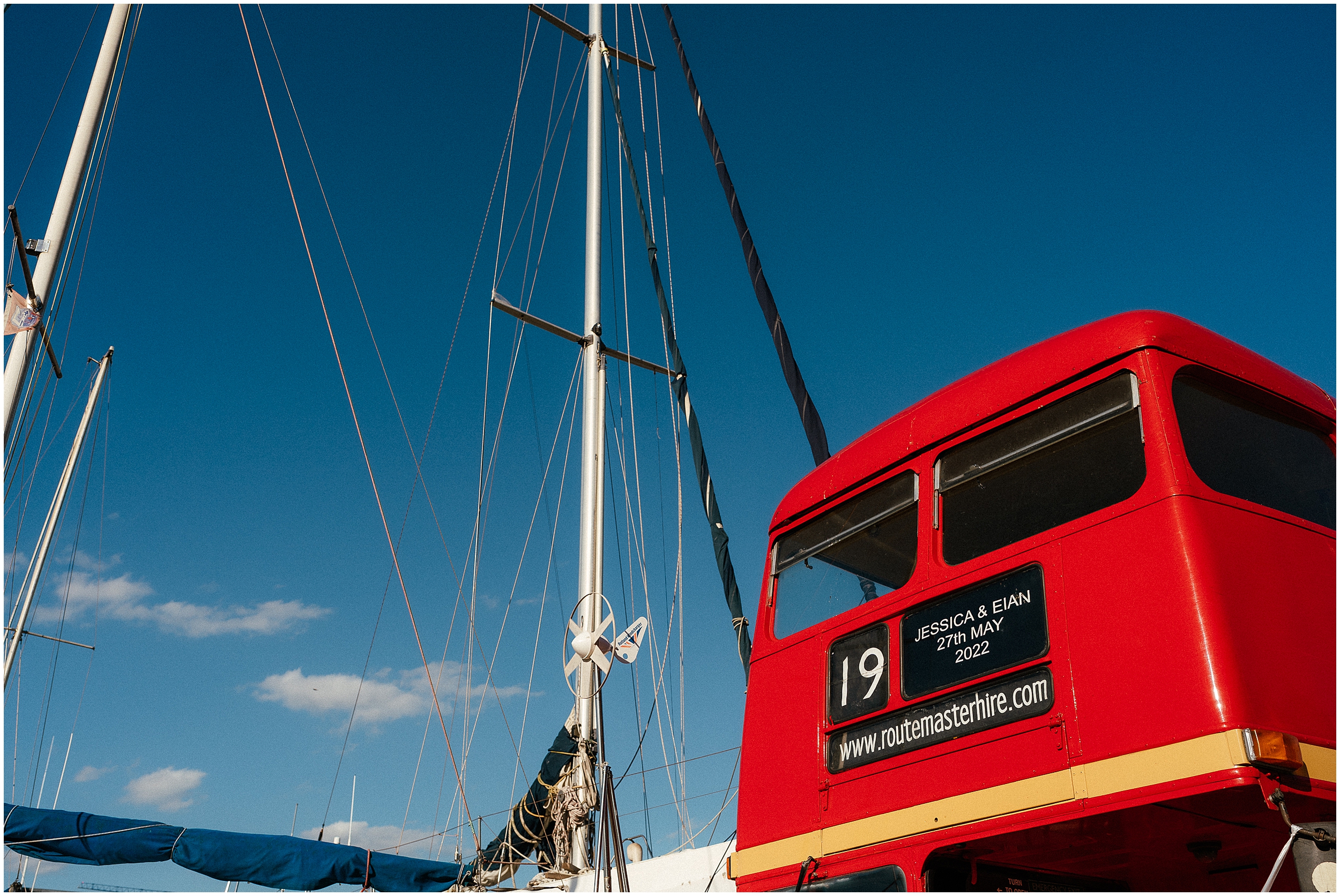 A red bus at the Greenwich Yacht Club in London. 