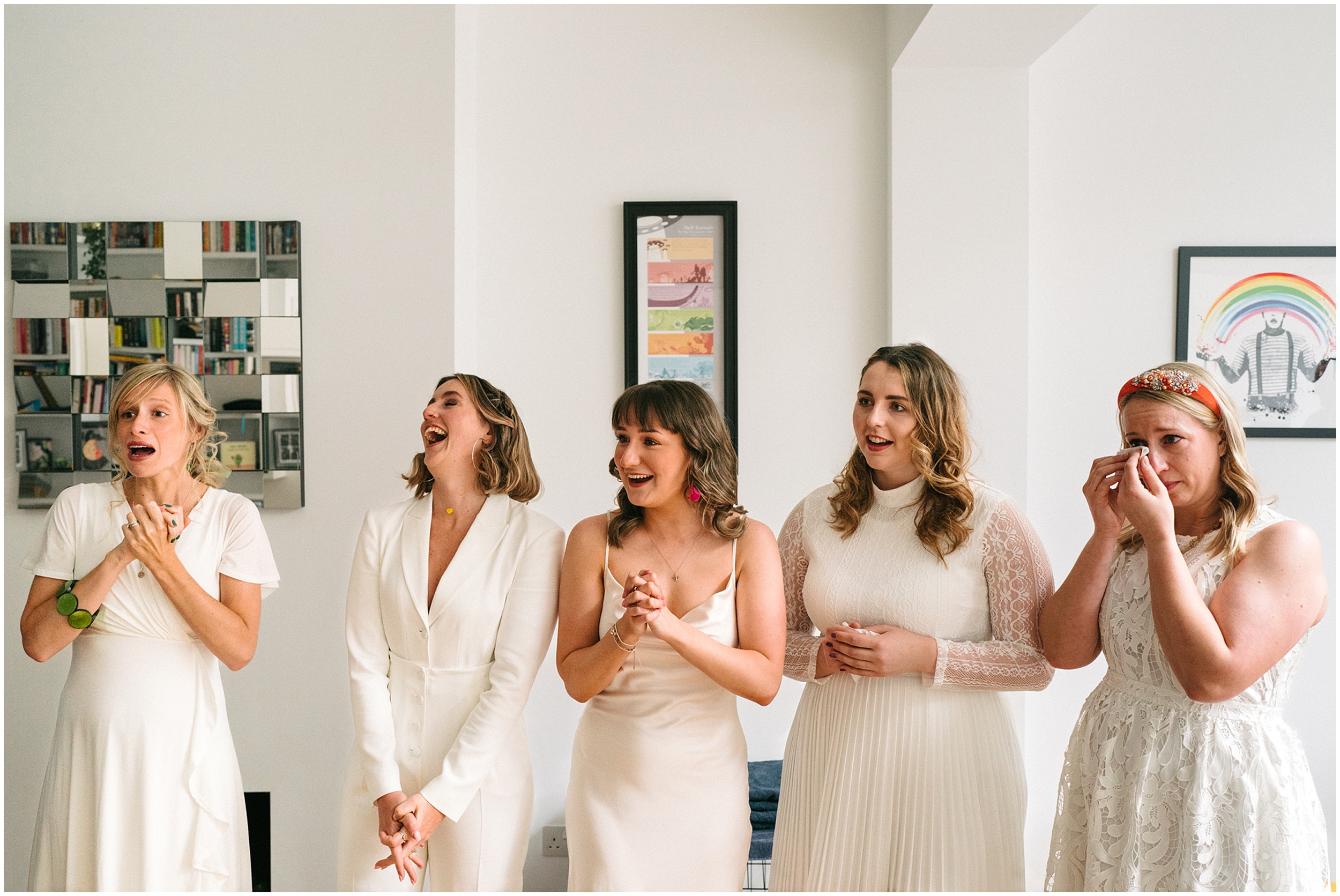 bridesmaids reacting to brides "lucy can't dance" wedding dress