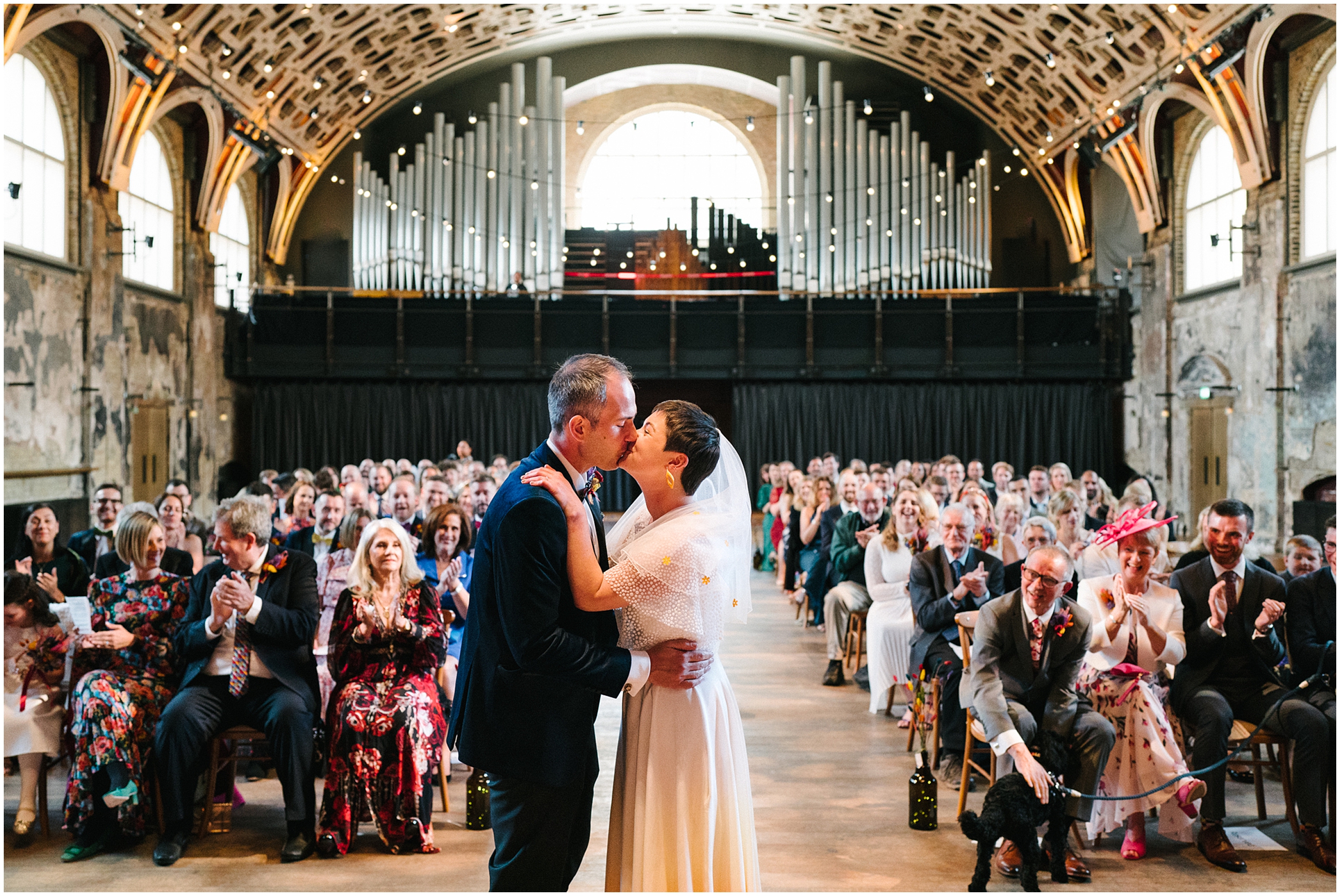 The first kiss at a wedding at Battersea Arts Centre 