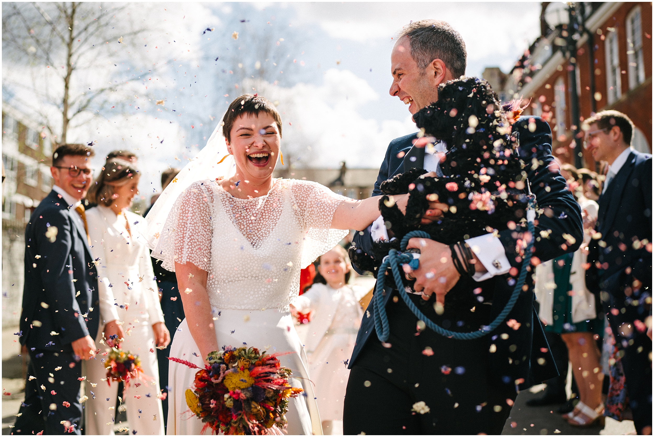 Confetti moment at a wedding at the Battersea Arts Centre in London. 