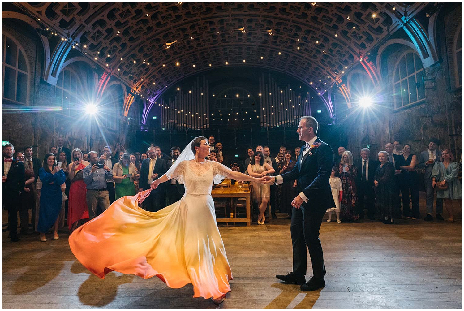 A first dance during a wedding at Battersea Arts Centre in London. Photographed by Kari Bellamy. 