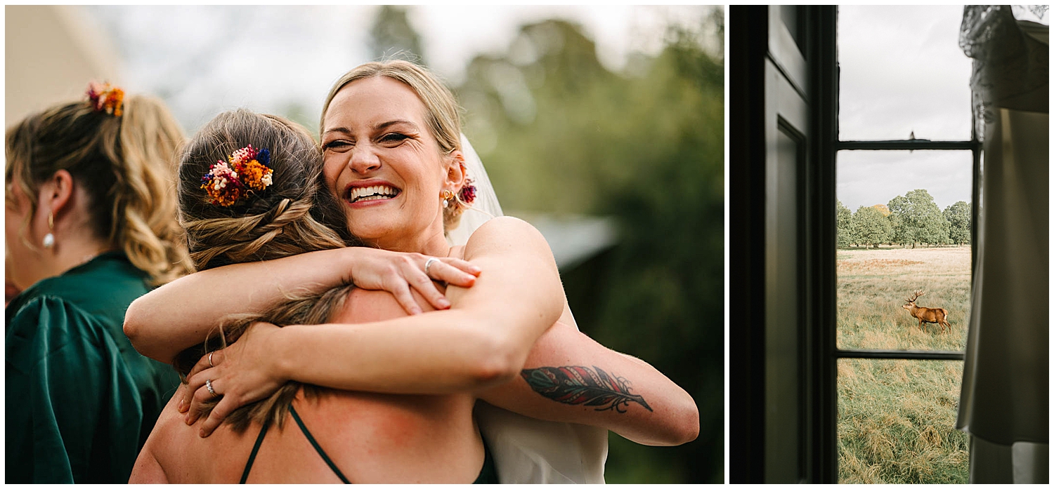 A big hug from a bride on her wedding day photographed by Yorkshire wedding photographer Kari Bellamy.
