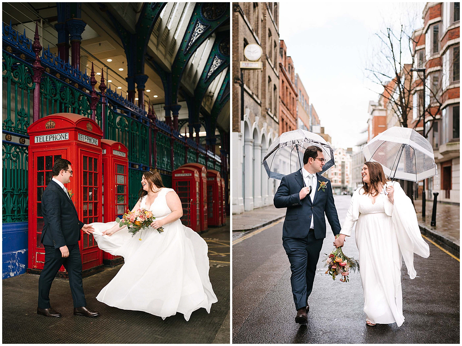 A couple walking through the streets of London on their wedding day. Photographed by Yorkshire Wedding Photographer Kari Bellamy. 