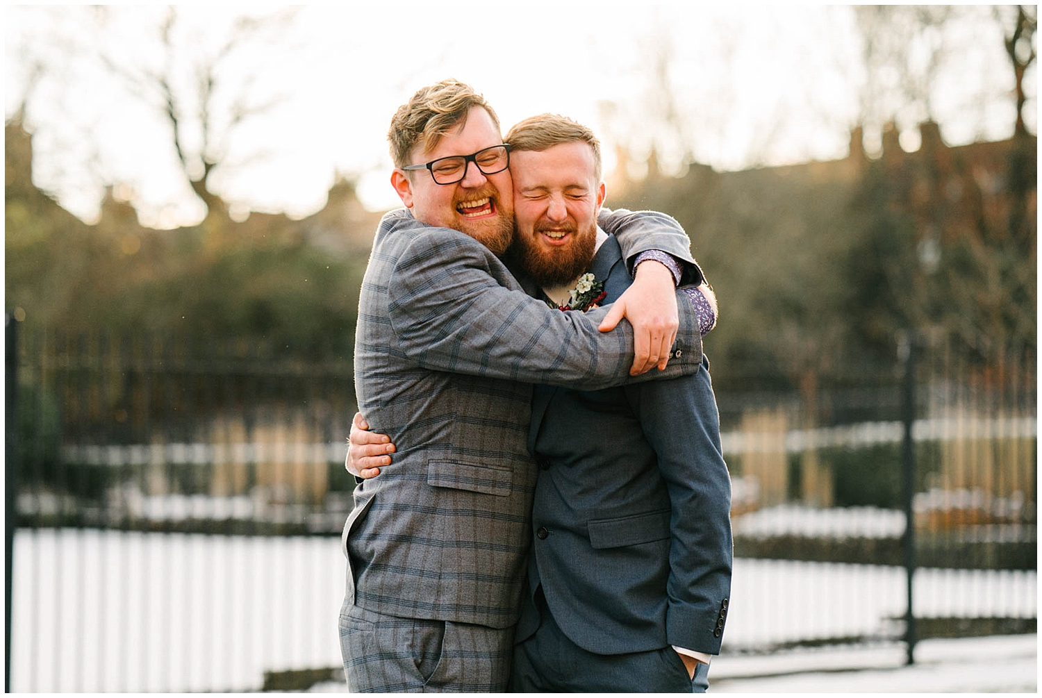A big hug between friends right before a wedding at Halifax Registry Office. Photographed by Yorkshire Wedding Photographer Kari Bellamy. 