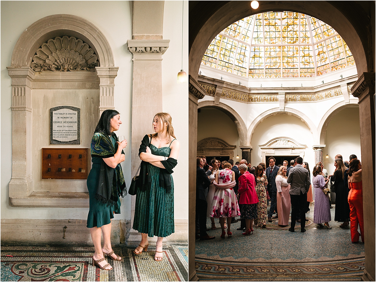 Wedding guests relaxing in the entry way of the Battersea Arts Centre. 