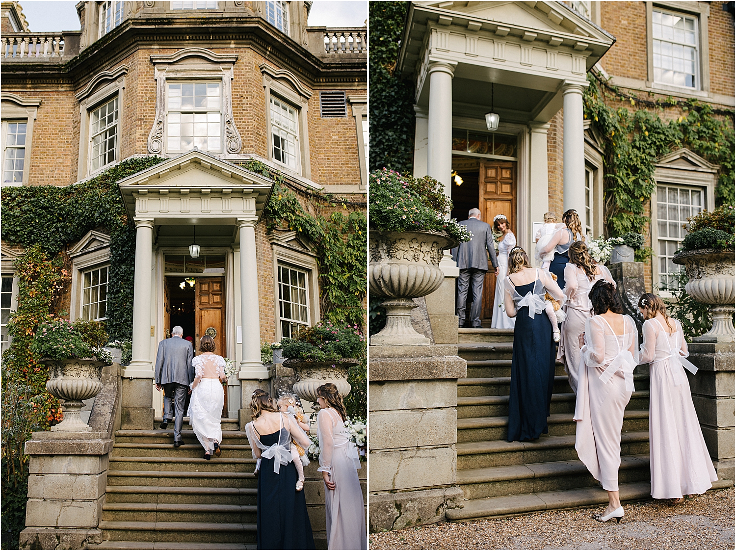 A bride and bridesmaids walking up the steps of Hampton Court House towards the wedding ceremony. 