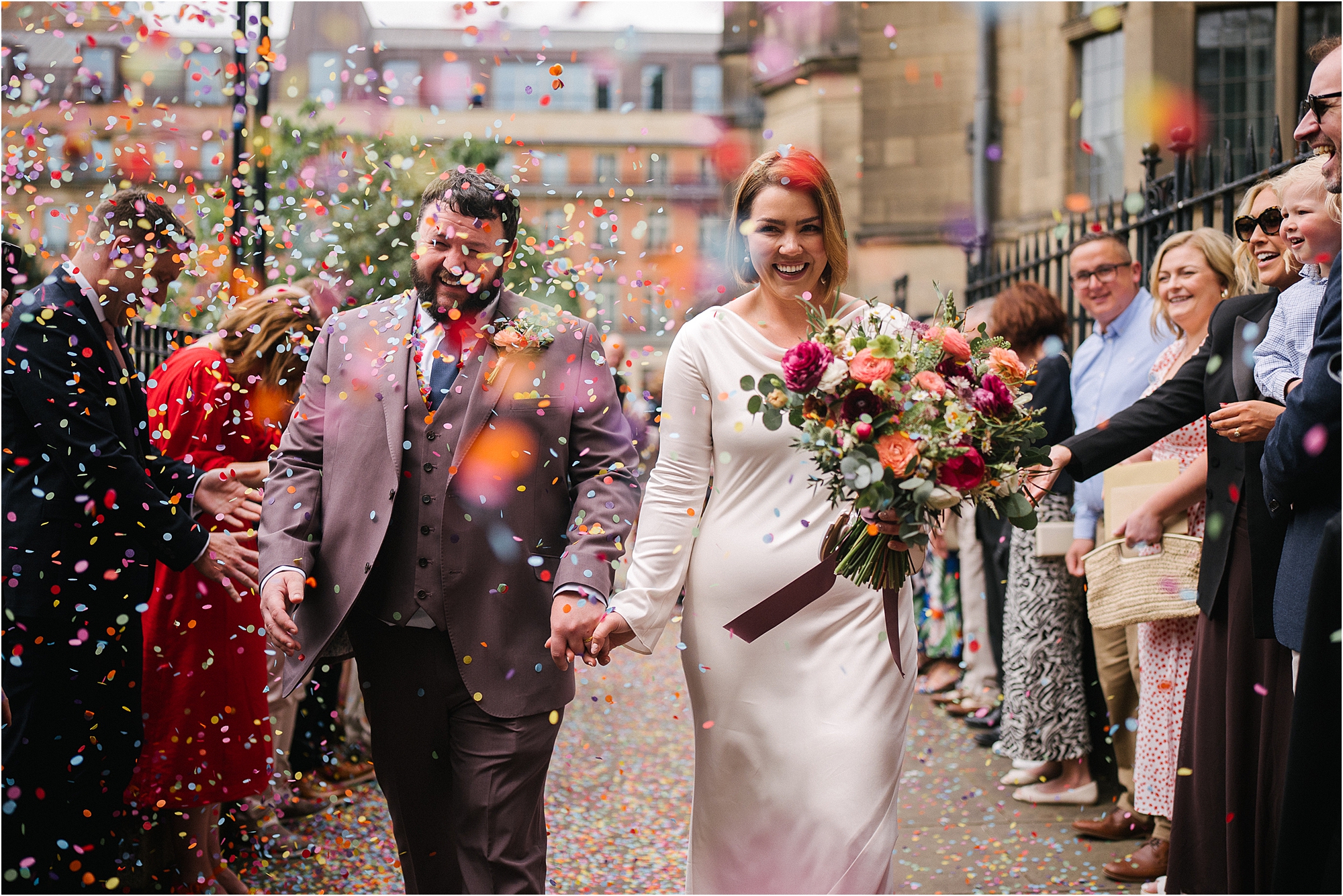 A confetti toss outside of Sheffield Town Hall.