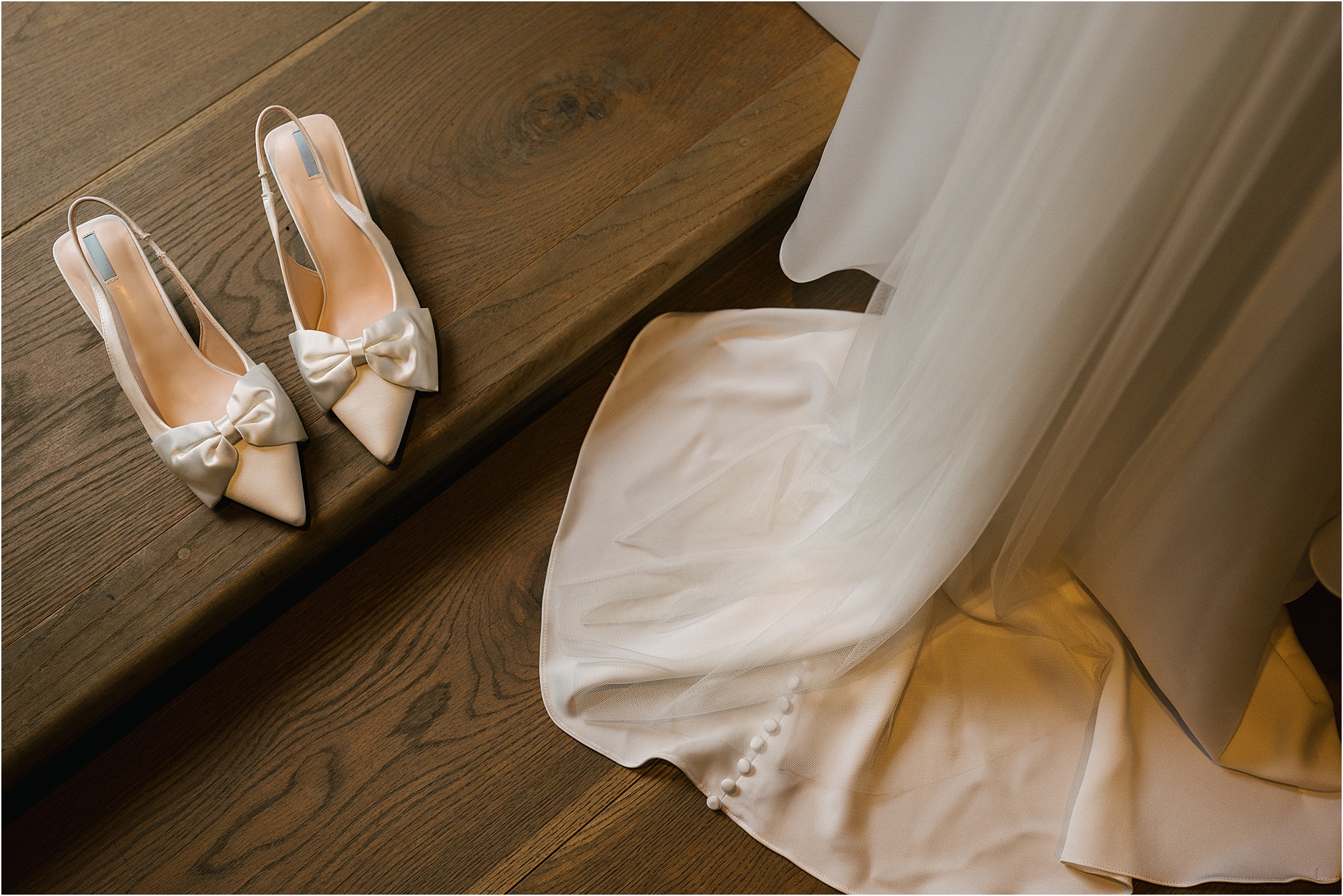 A detail photo of wedding shoes for a wedding at the Manor House Lindley. 