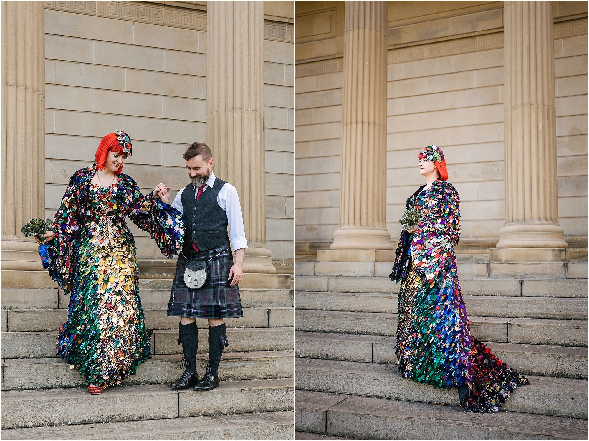 A bride in a colourful wedding dress outside of Weston Park Museum in Sheffield. 