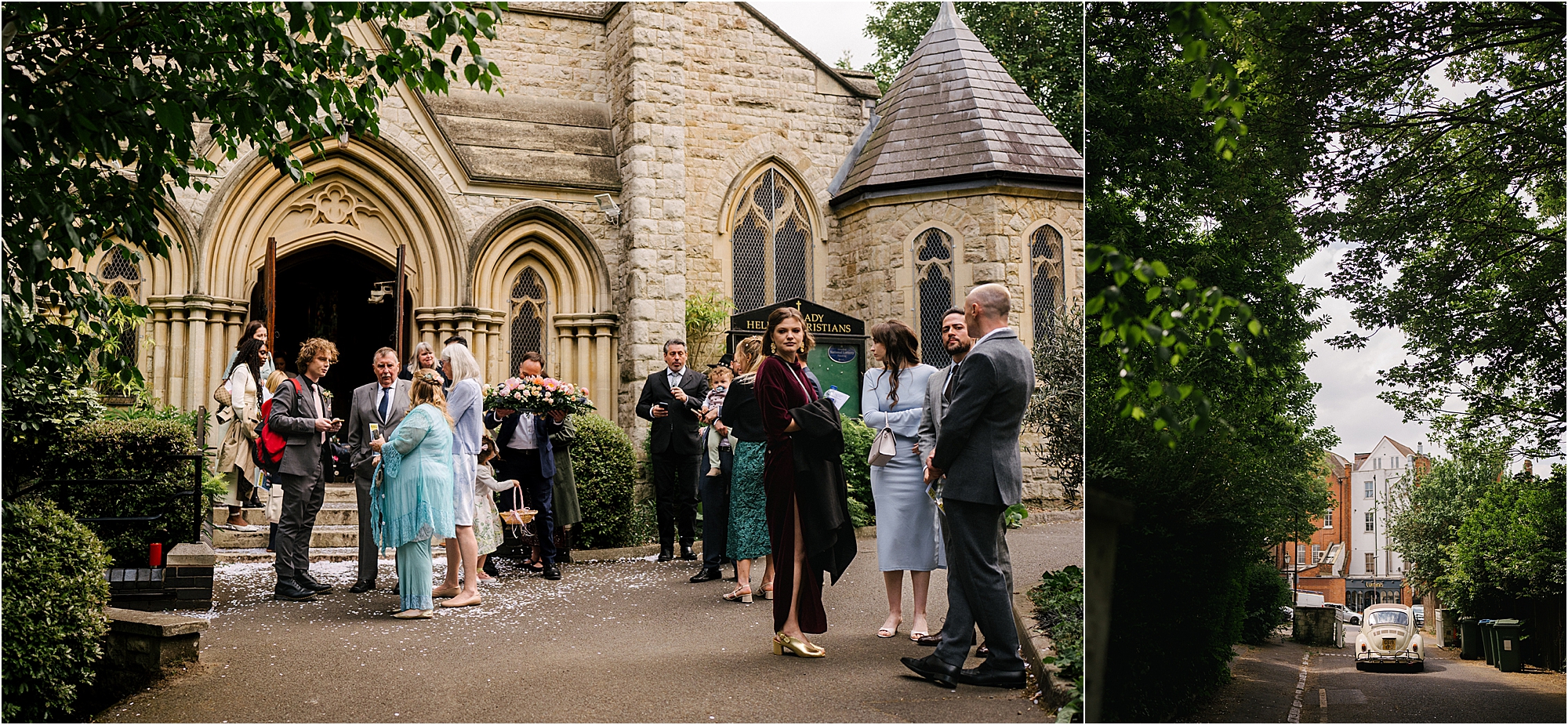 Wedding guests waiting outside of a wedding at Our Lady, Help of Christians Catholic Church Blackheath, London. 