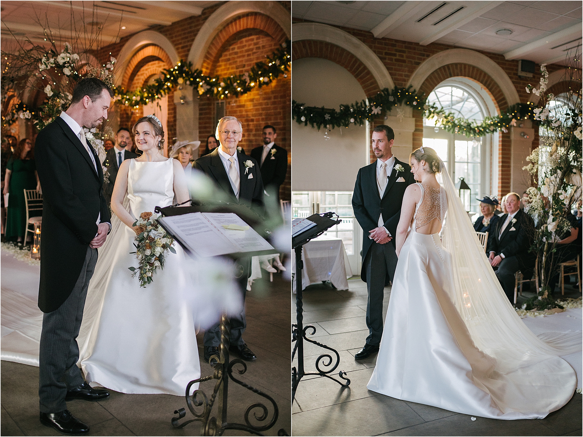 A wedding ceremony in the Orangery of Great Fosters in Egham, Surrey. 