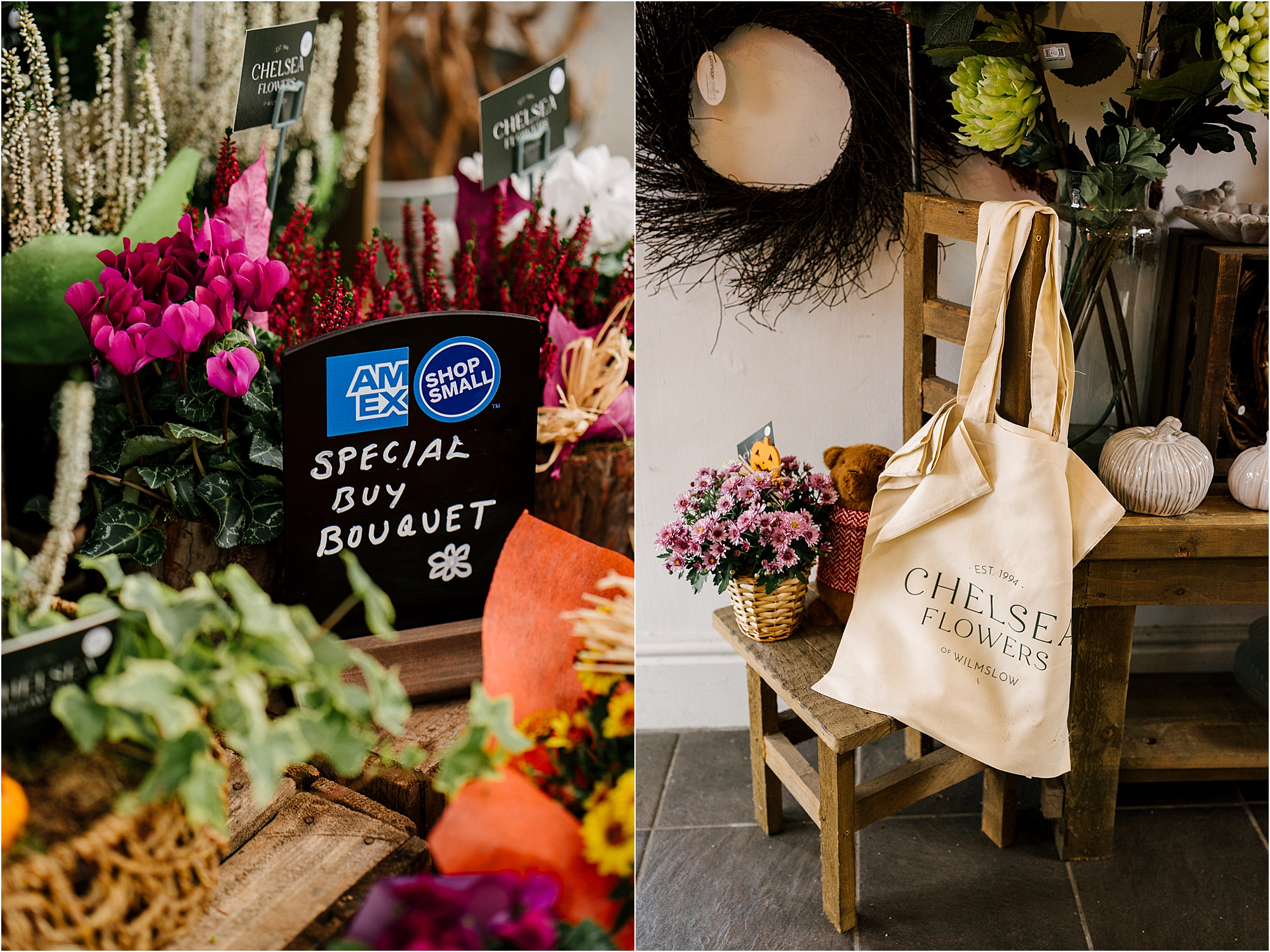 A photograph of business details in a floristry shop that takes American Express. 